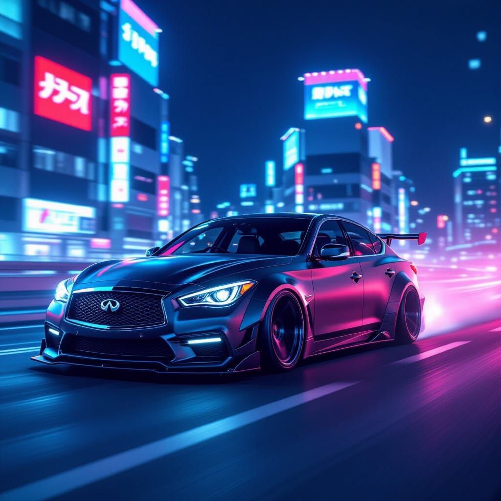 Matte Black Infiniti M56 Drifting on Tokyo Highway