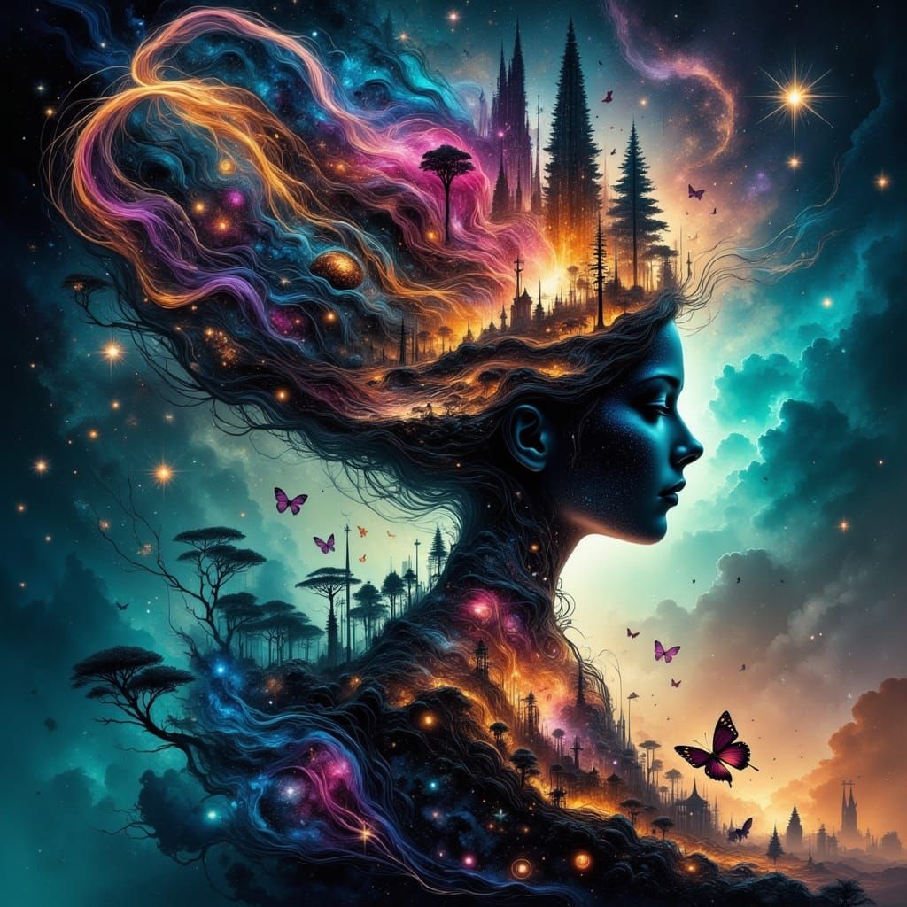 Cosmic Woman: Surreal Portrait with Star Smoke Hair