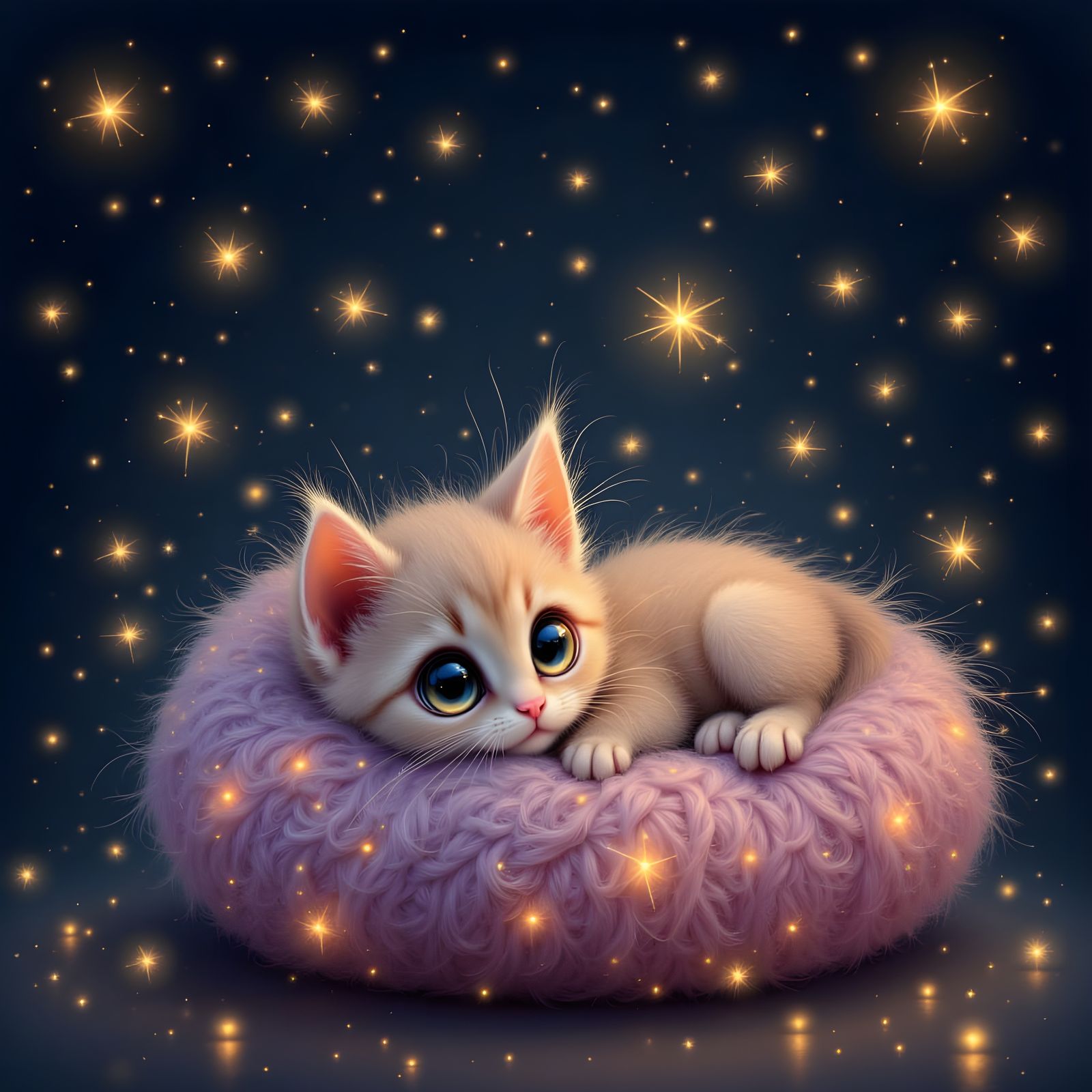 Cute Kitten with Fireflies in Crochet Cushion