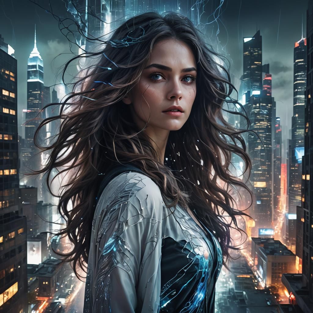 Woman in Cityscape Double Exposure Digital Art