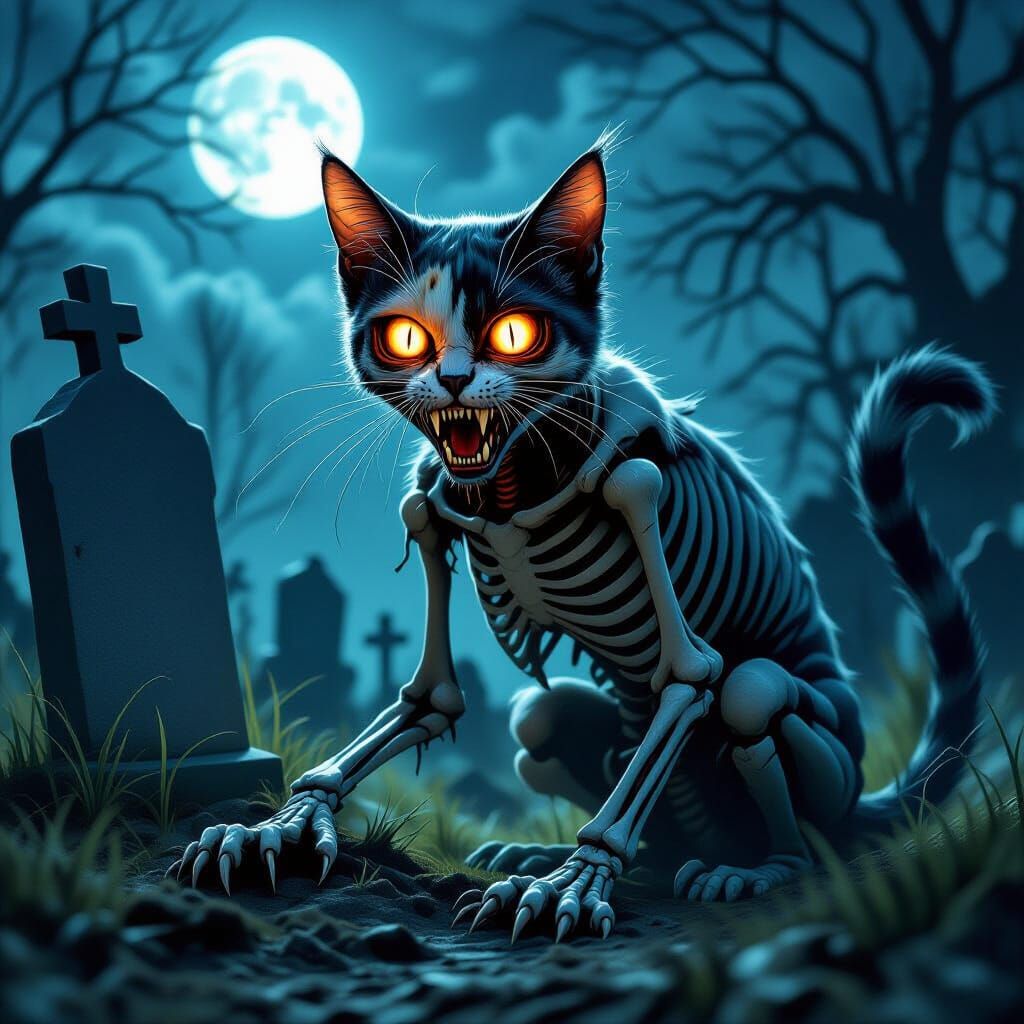 Zombie Calico Cat Rises from Spooky Graveyard