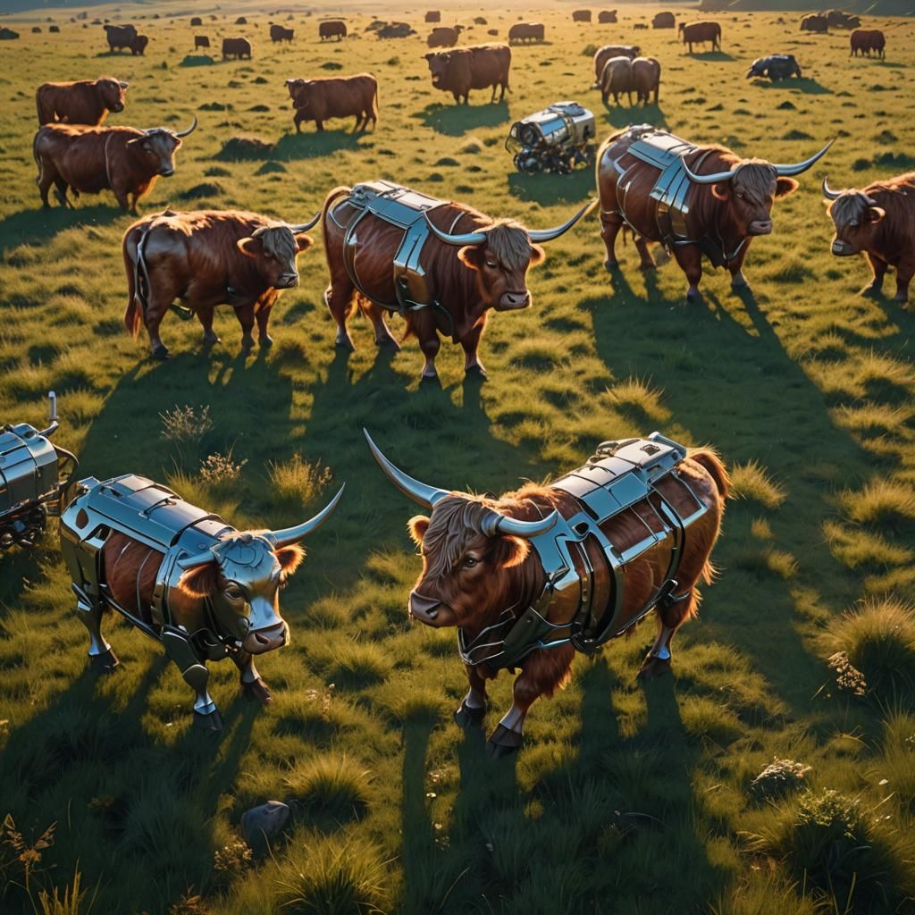 Mech Highland Cows Grazing in Field: Sci-Fi Art