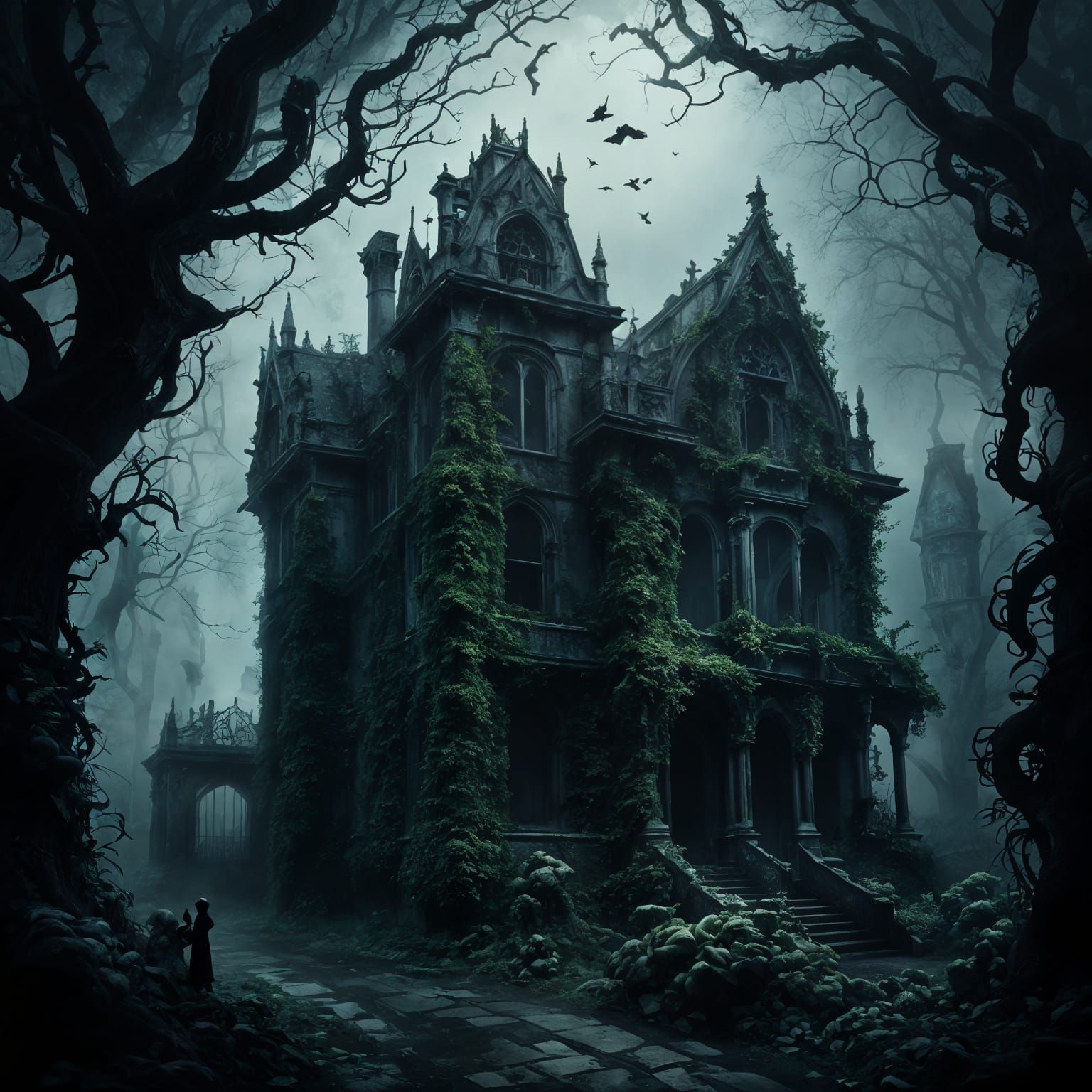 Abandoned Gothic Mansion in Ghostly Moonlight