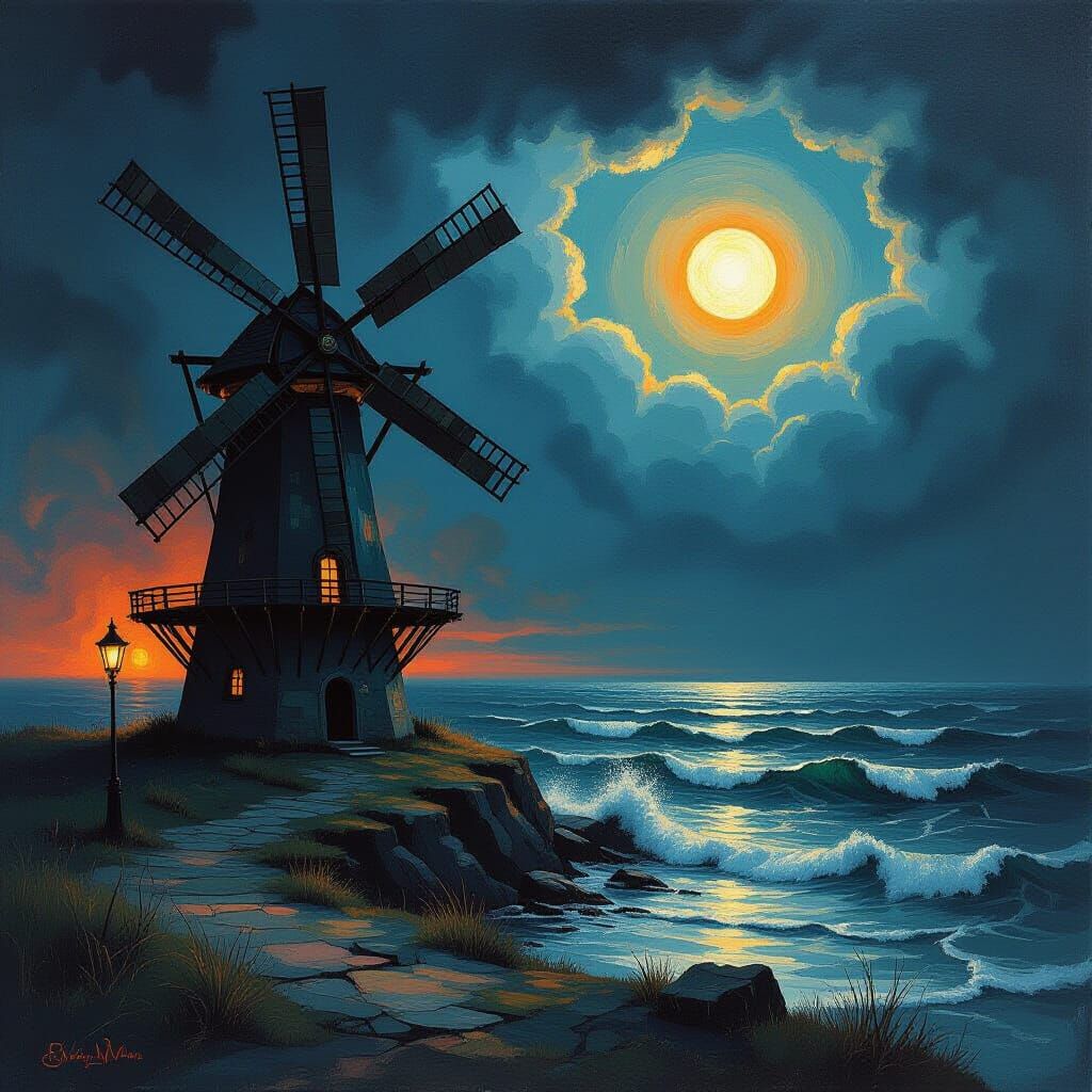 Surreal Windmill Landscape in Miró and Somov Style