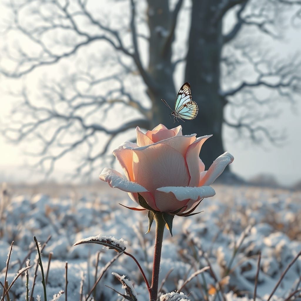 Delicate Rose Stands Tall in Frosty Winter Landscape