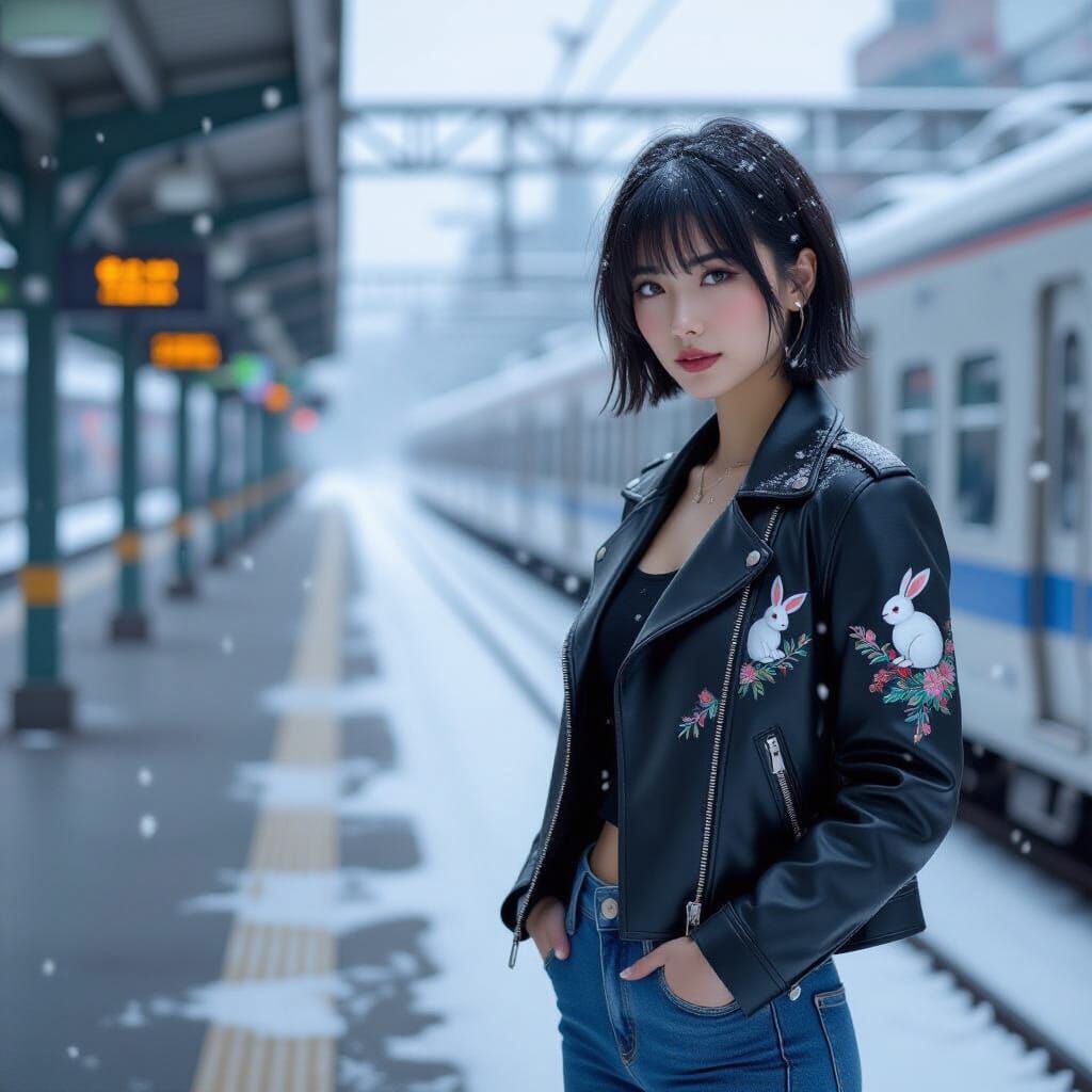 Anime Style Woman on Snowy Train Platform with Rabbit Embroi...