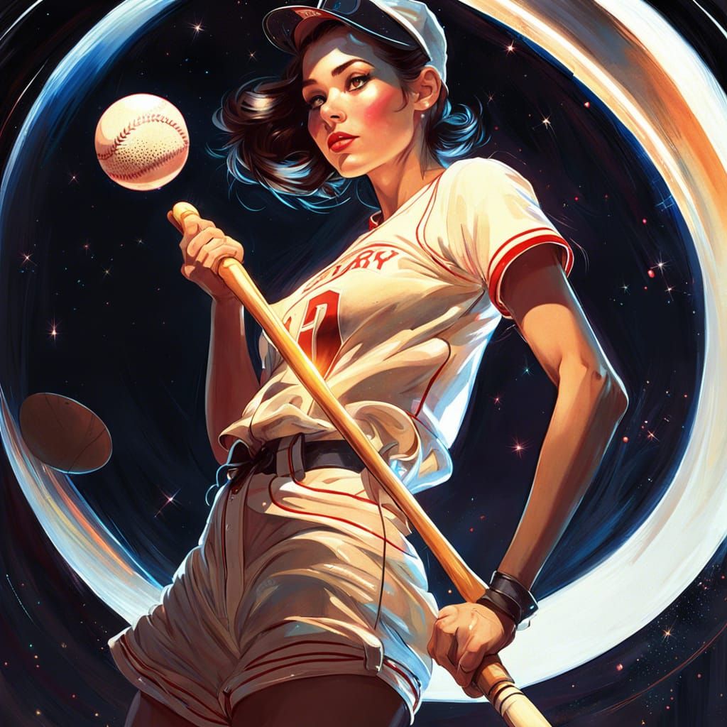Woman Playing Baseball with Saturn in Space