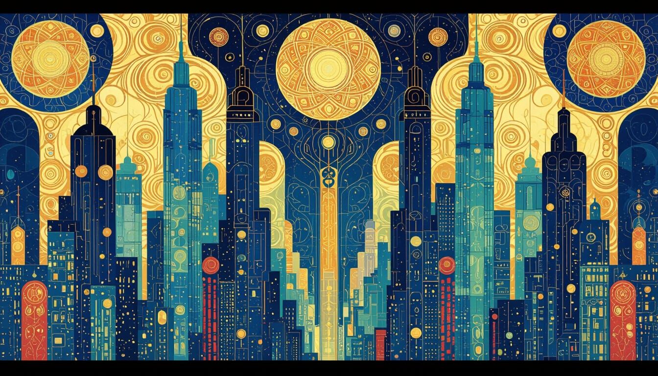 Klimt-Inspired Sci-Fi Cityscape with Golden Cosmic Patterns