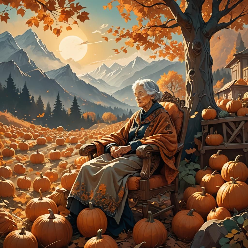 Grandmother and Pumpkin Mountain in Fantasy Illustration