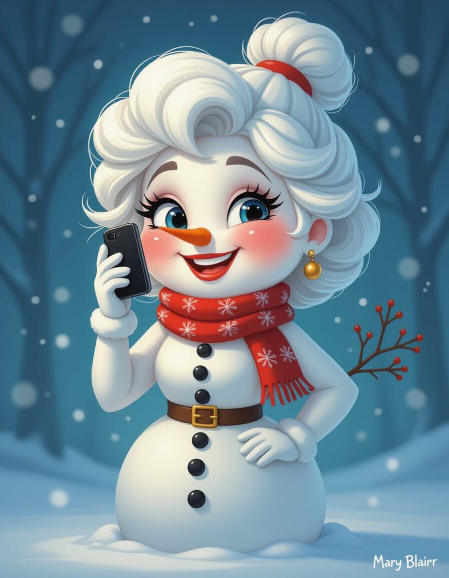 Stylish Snow Woman Talking on Smartphone in Winter Fantasy
