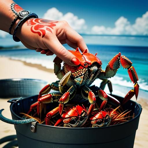 Photorealistic Woman Putting Crabs in Tattooed Bucket