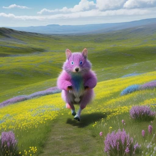 Fluffy Green Creature Running Through Fantasy Meadow