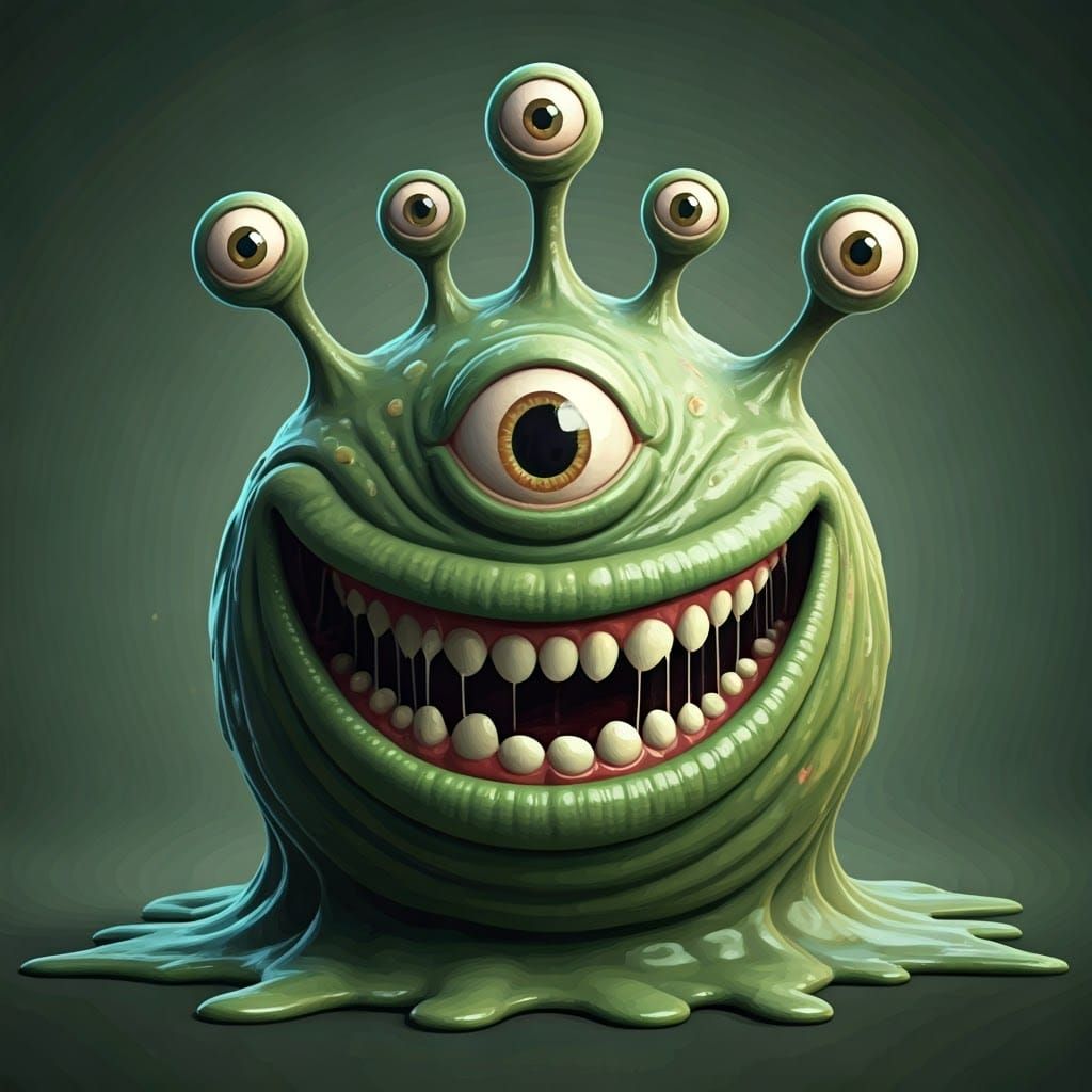 Whimsical Sage Green Mucus Monster with Jagged Teeth and Hap...