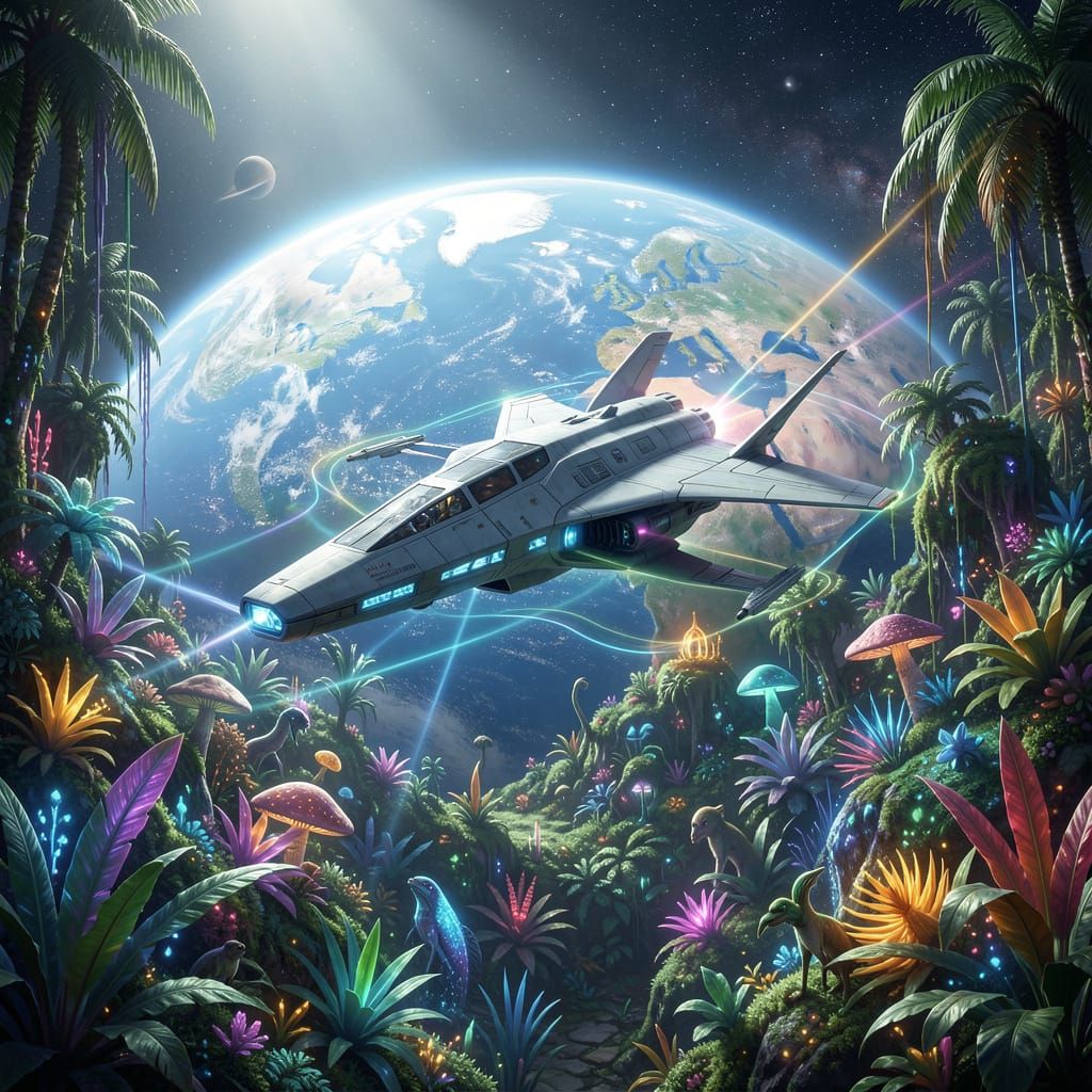 Starship Explores Bioluminescent Alien Planet in Orbit