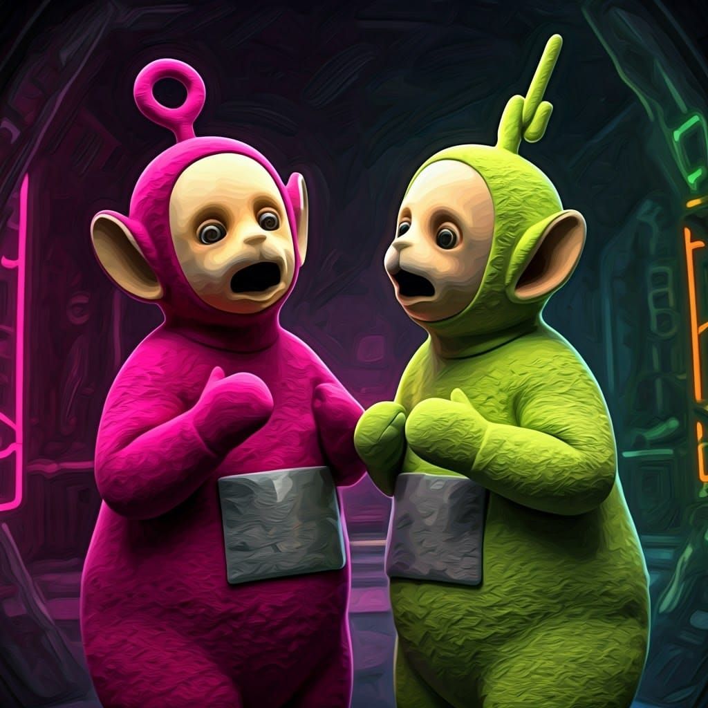 Muted Teletubbies Confronting Unseen Horror in a Darkened Ro...
