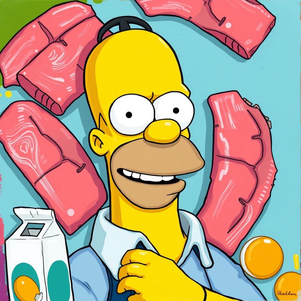 Homer Simpson Portrait with Salmon in Pop Art Style