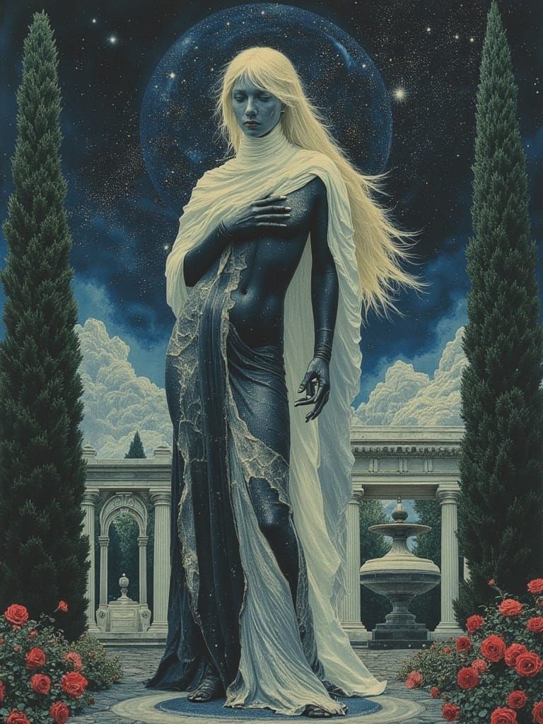 Celestial Woman in Mystical Moonlit Garden