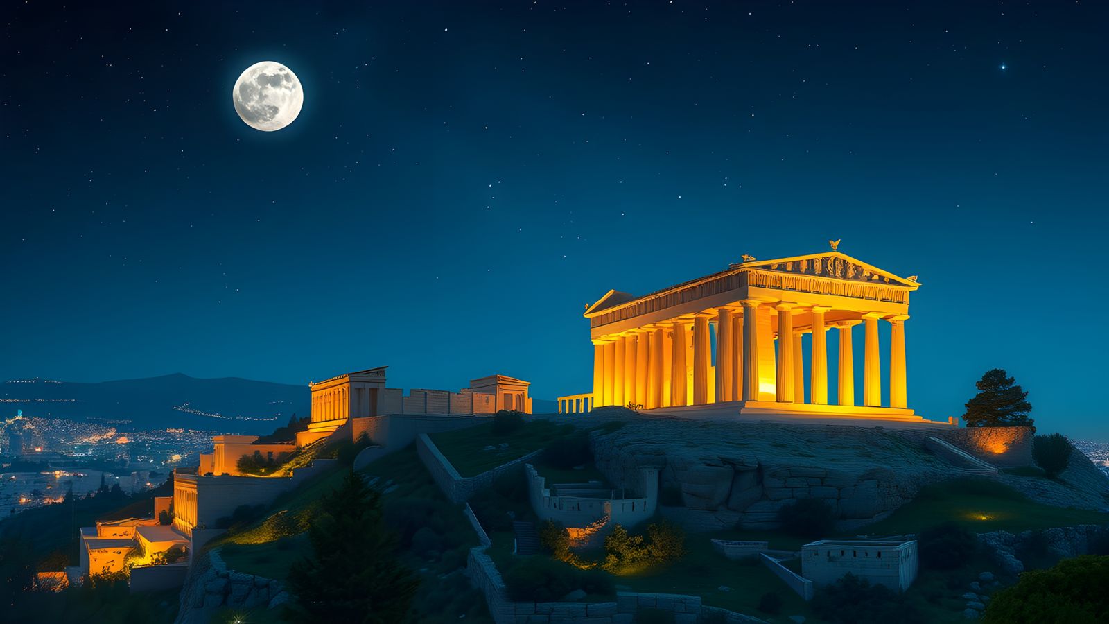 Moonlit Acropolis Panoramic View in Detailed Matte Painting