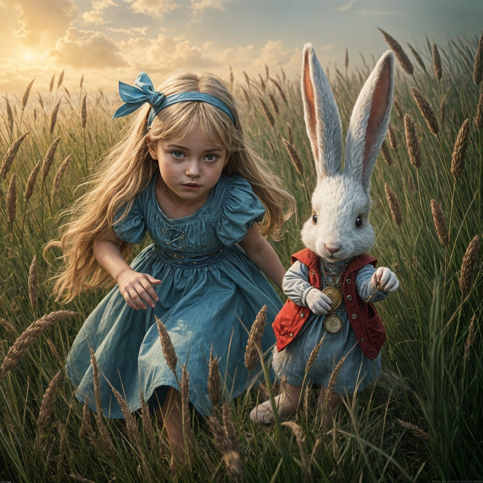 Alice Chasing Rabbit in Arther Rackham Style