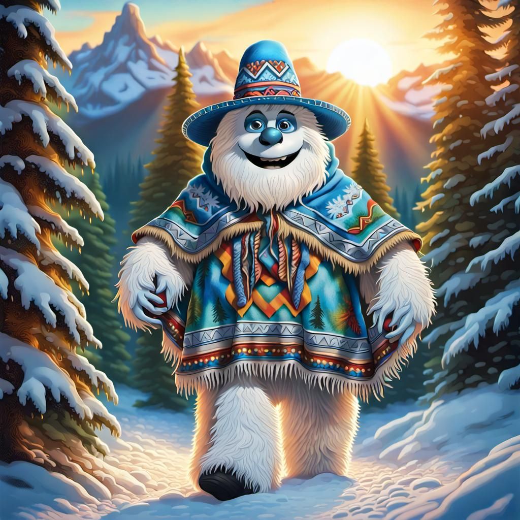 Cute Abominable Snowman in Evergreen Forest