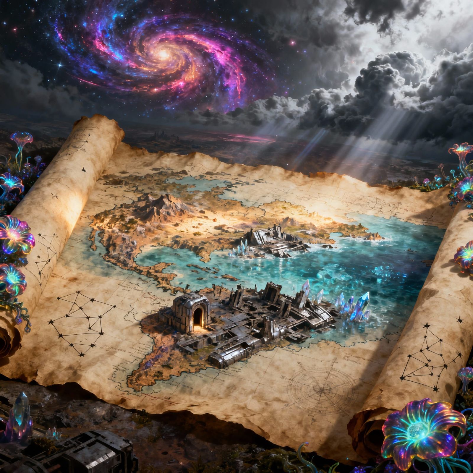 Intricate Map of an Unknown World with Nebulae and Geometric...