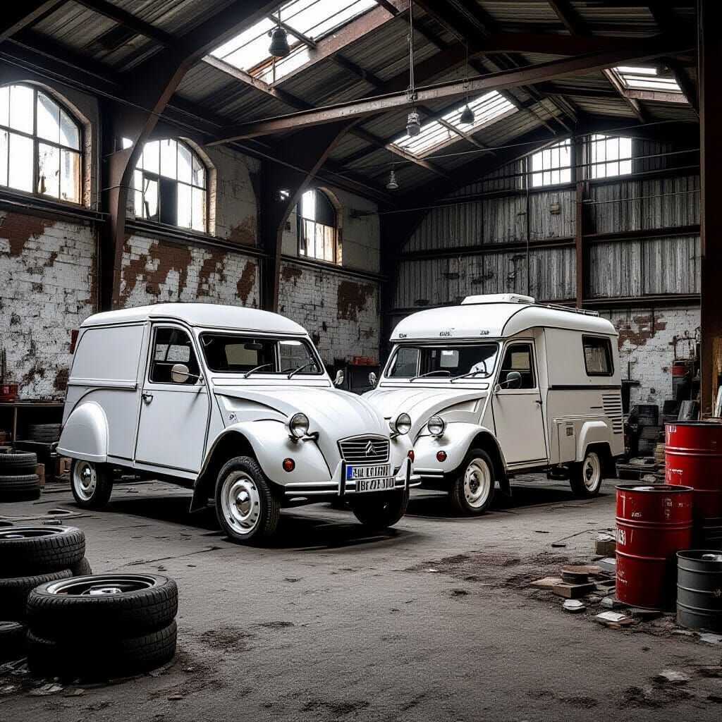 Citroën 2 CV Van & Camper in Gritty Workshop