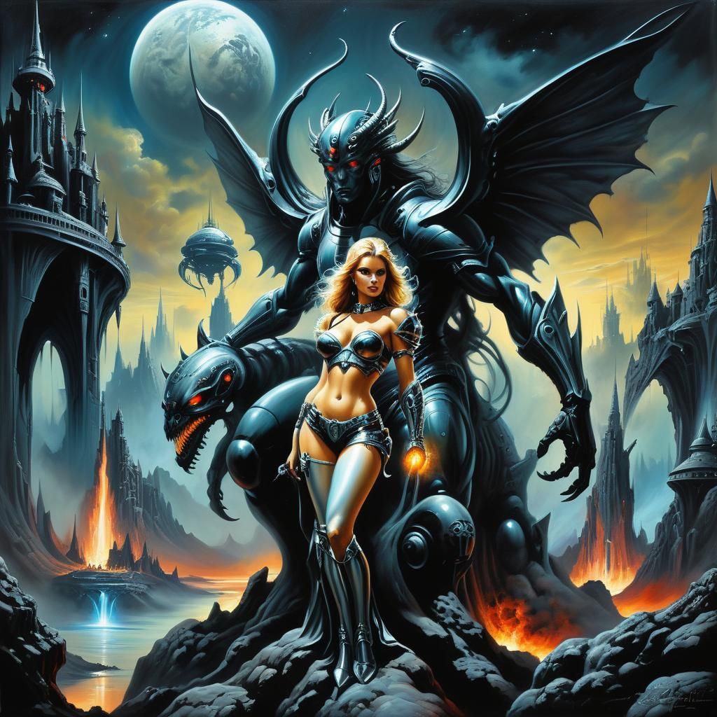 Angelic Warrior Princess on Alien Planet in Dark Fantasy Oil...