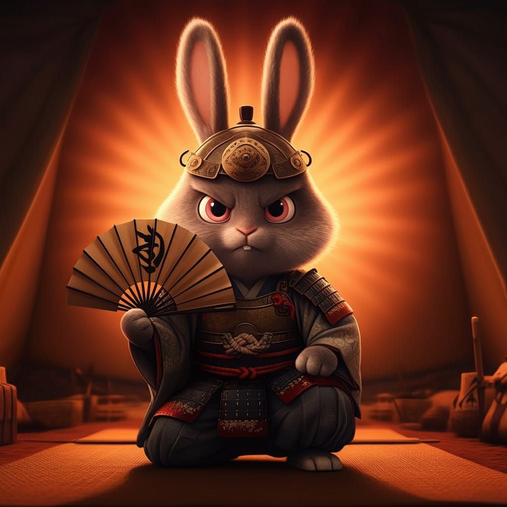 Bunny Daimyo in Feudal War Tent, Pixar Style