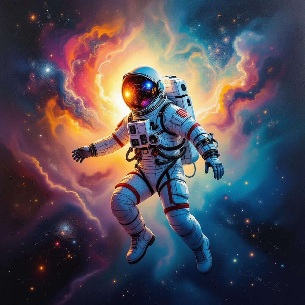 Astronaut Drifting Through Nebula in Surreal Oil Painting St...