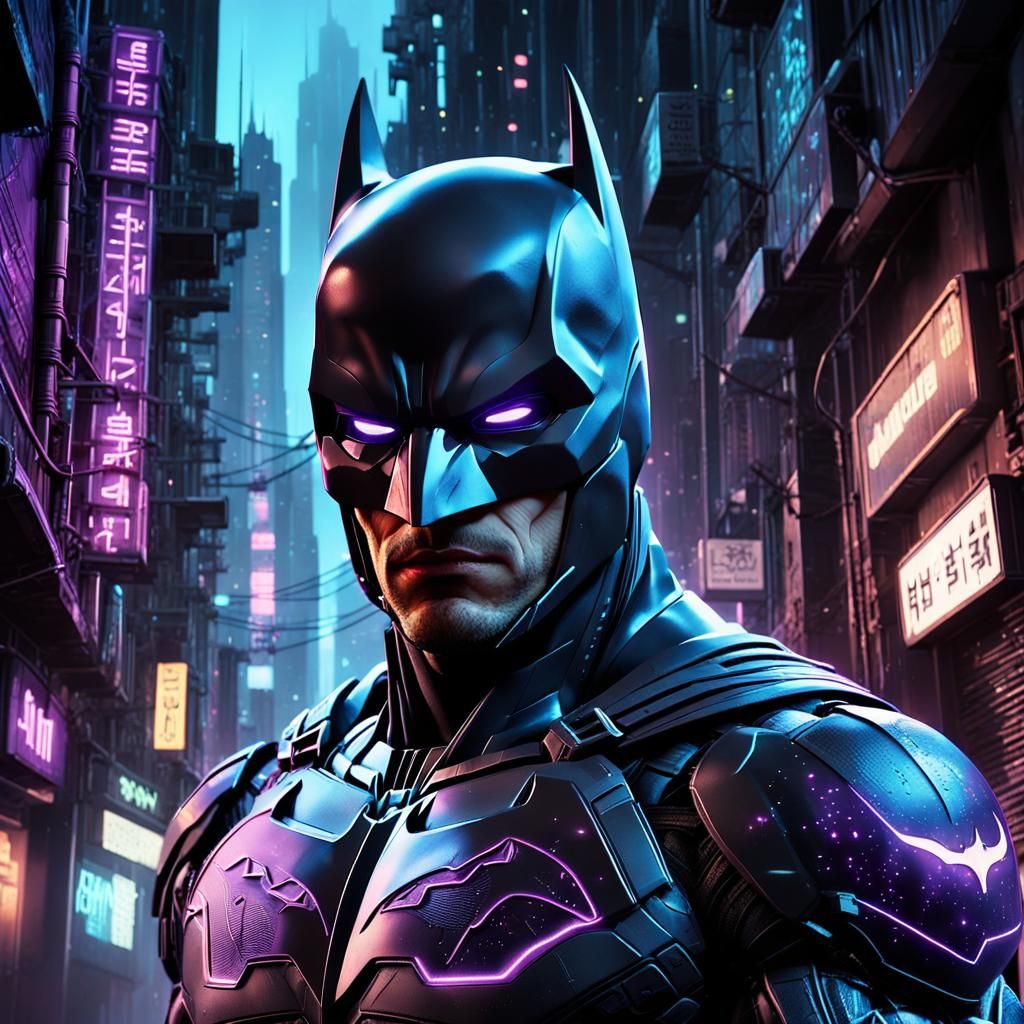 Cyberpunk Batman Hacking Futuristic System in Neon Alley