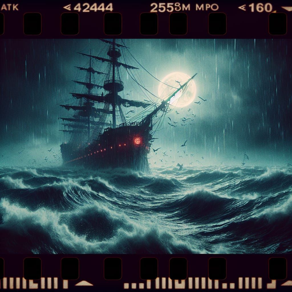 Horror Ghost Ship Battles Stormy Sea in Hyperrealistic Detai...