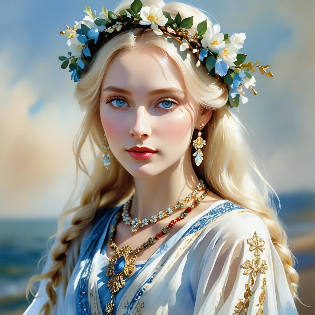 Ethereal Portrait of a Blonde Girl in Slavic Dress