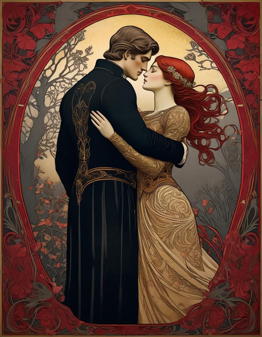 Romantic Embrace in Pre-Raphaelite Art Nouveau Style