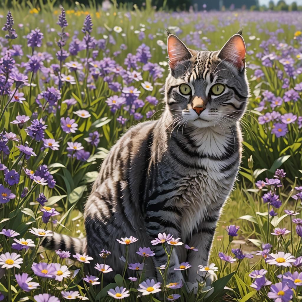 Tabby Cat in Flower Field, Anime Art
