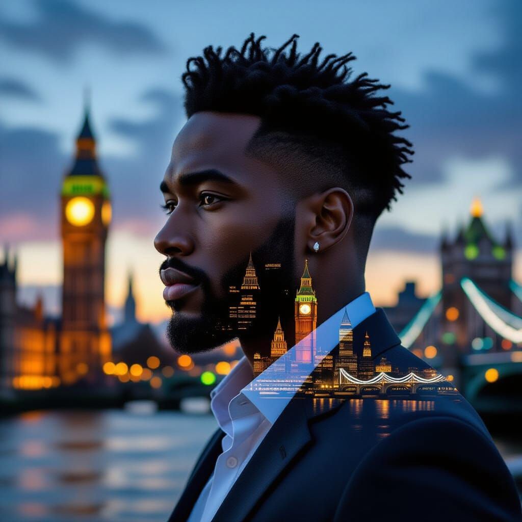 Handsome Black Man Double Exposure with London Landmarks