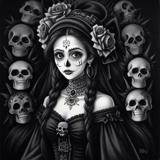 Day of the Dead Woman and Skulls Cartoon