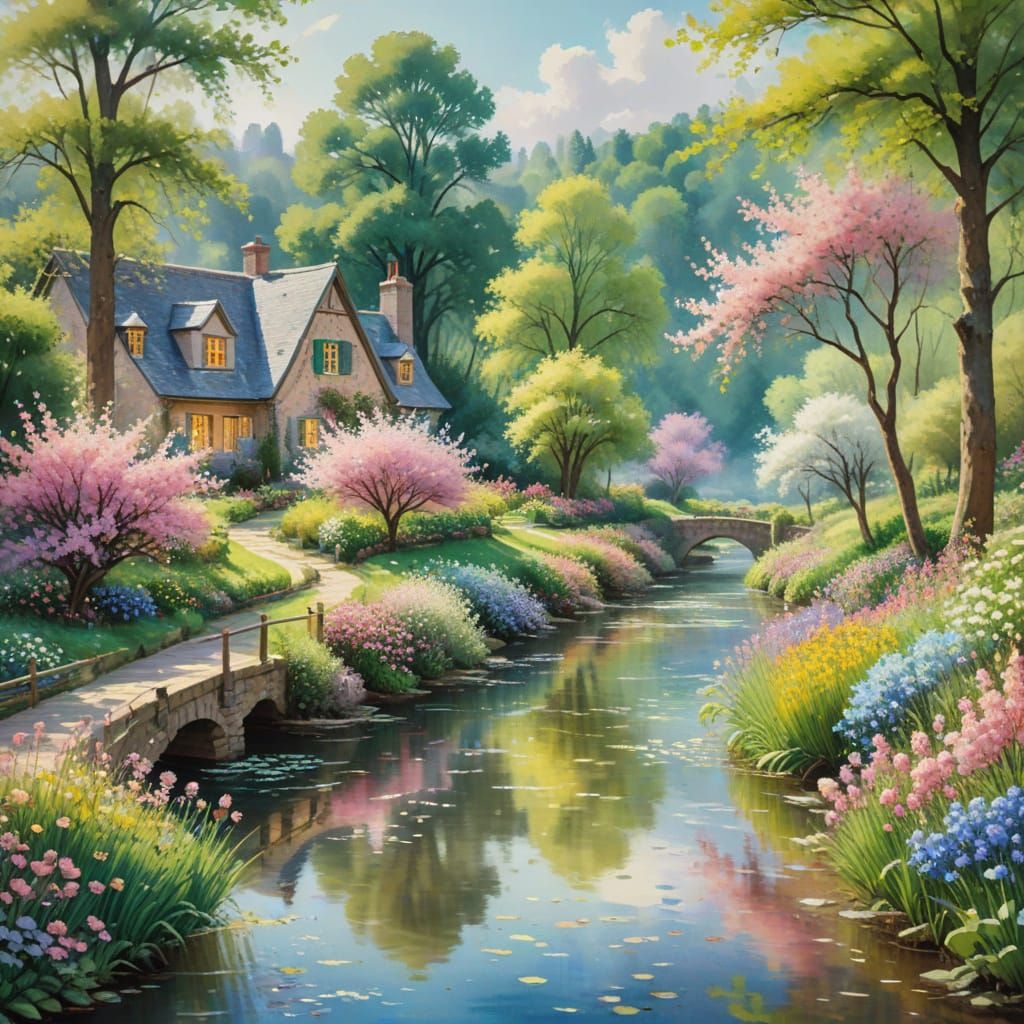 Whimsical Watercolor Village Scene with Blooming Flowers and...