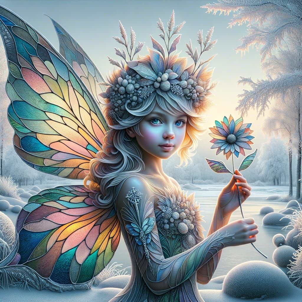 Fairy Child with Stained Glass Wings in Winter