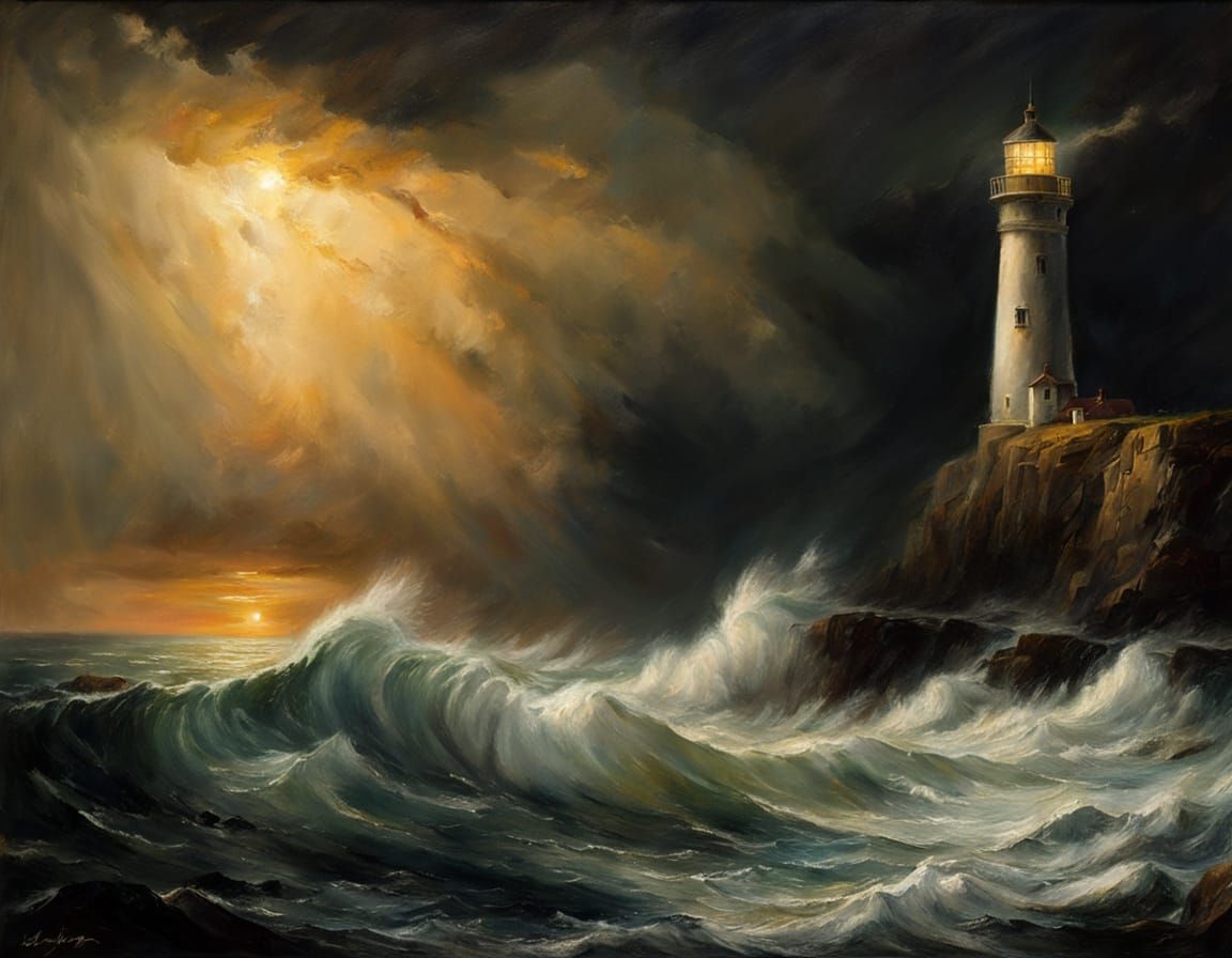 Lighthouse on Rocky Coast in Romantic Style