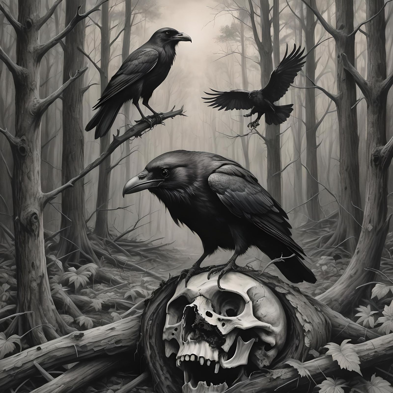 Eerie Forest Signpost in Black and White Pencil