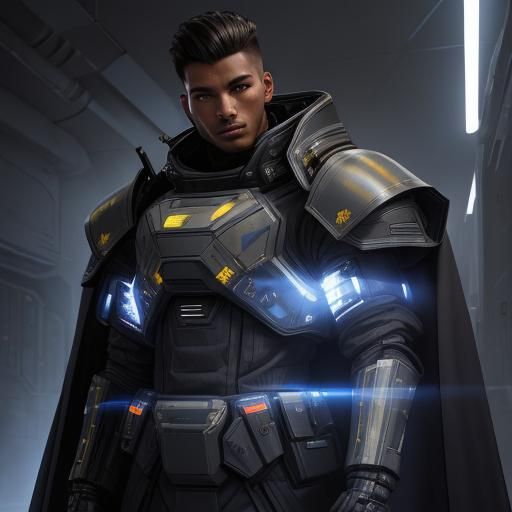 Armored Sci-Fi Soldier in Blue Trench Coat