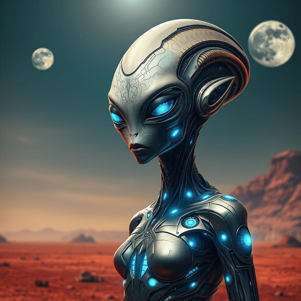 Intricate Robotic Alien Woman on Barren Planet