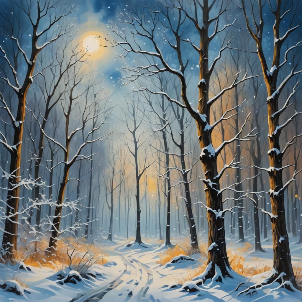 Winter Forest in Surreal Oil Painting Landscape