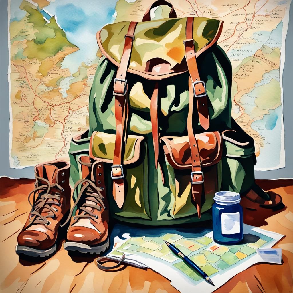 Travel Essentials in Watercolor Gouache Style