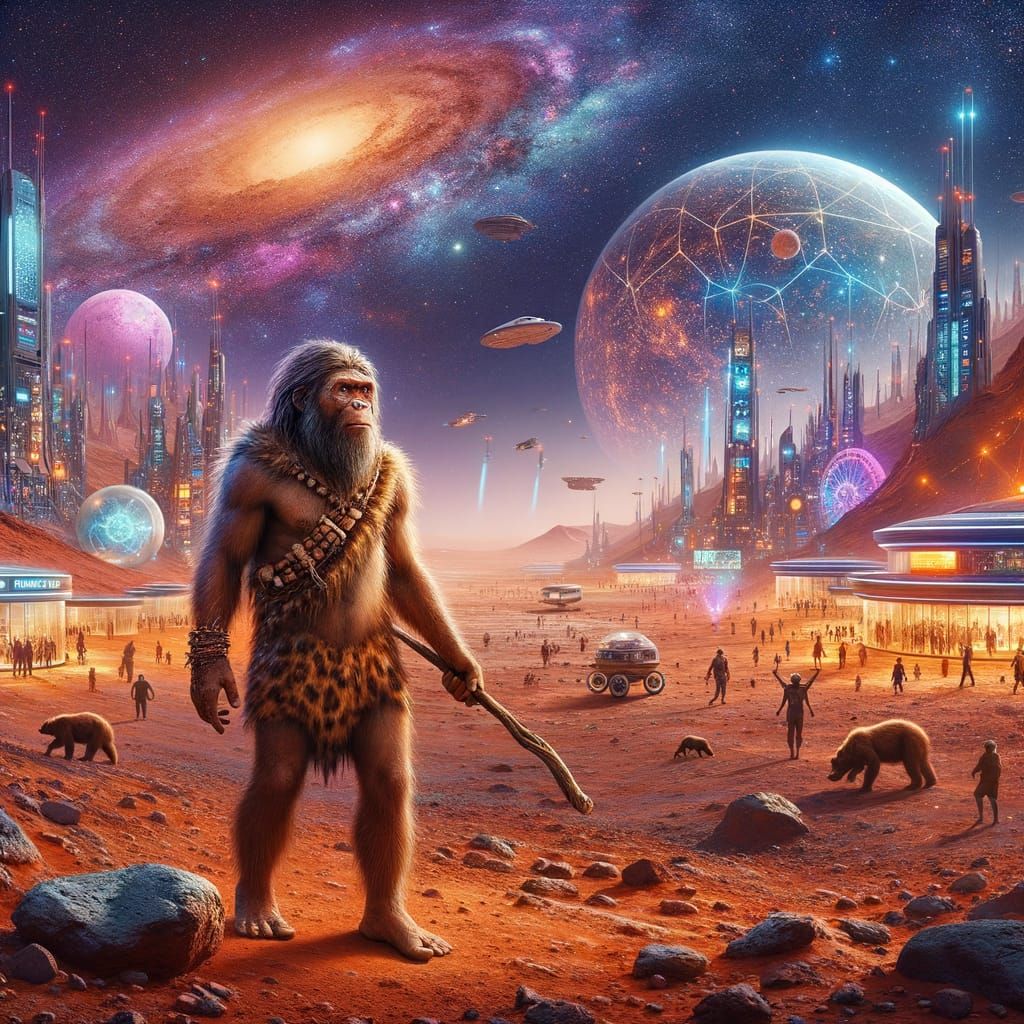 Neanderthal in Futuristic Mars City Panorama