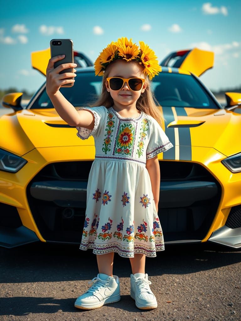 Girl in Ukrainian Dress Takes Selfie with Sport Car