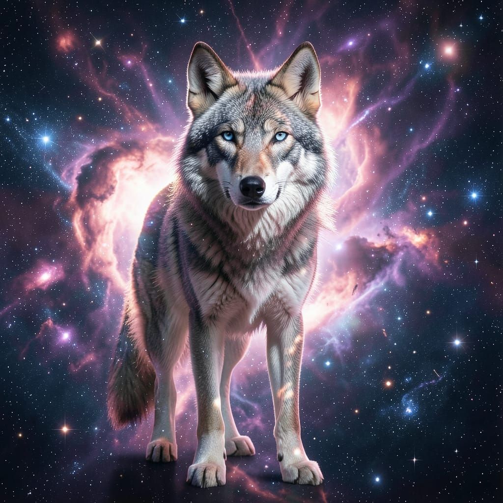 Photorealistic Wolf in Vibrant Nebula