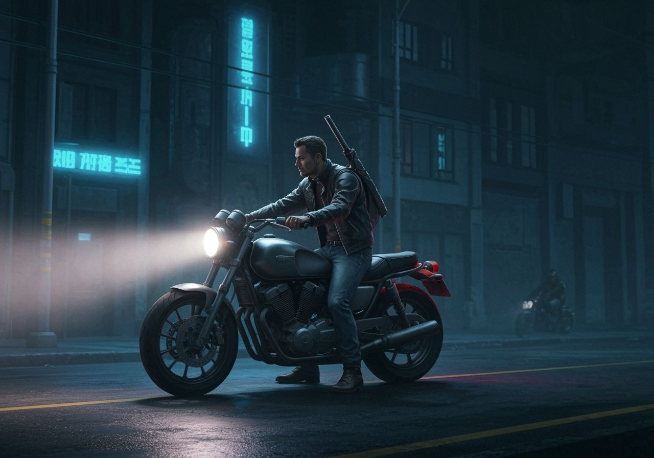 Neon Noir Hunter on Motorcycle in Futuristic City