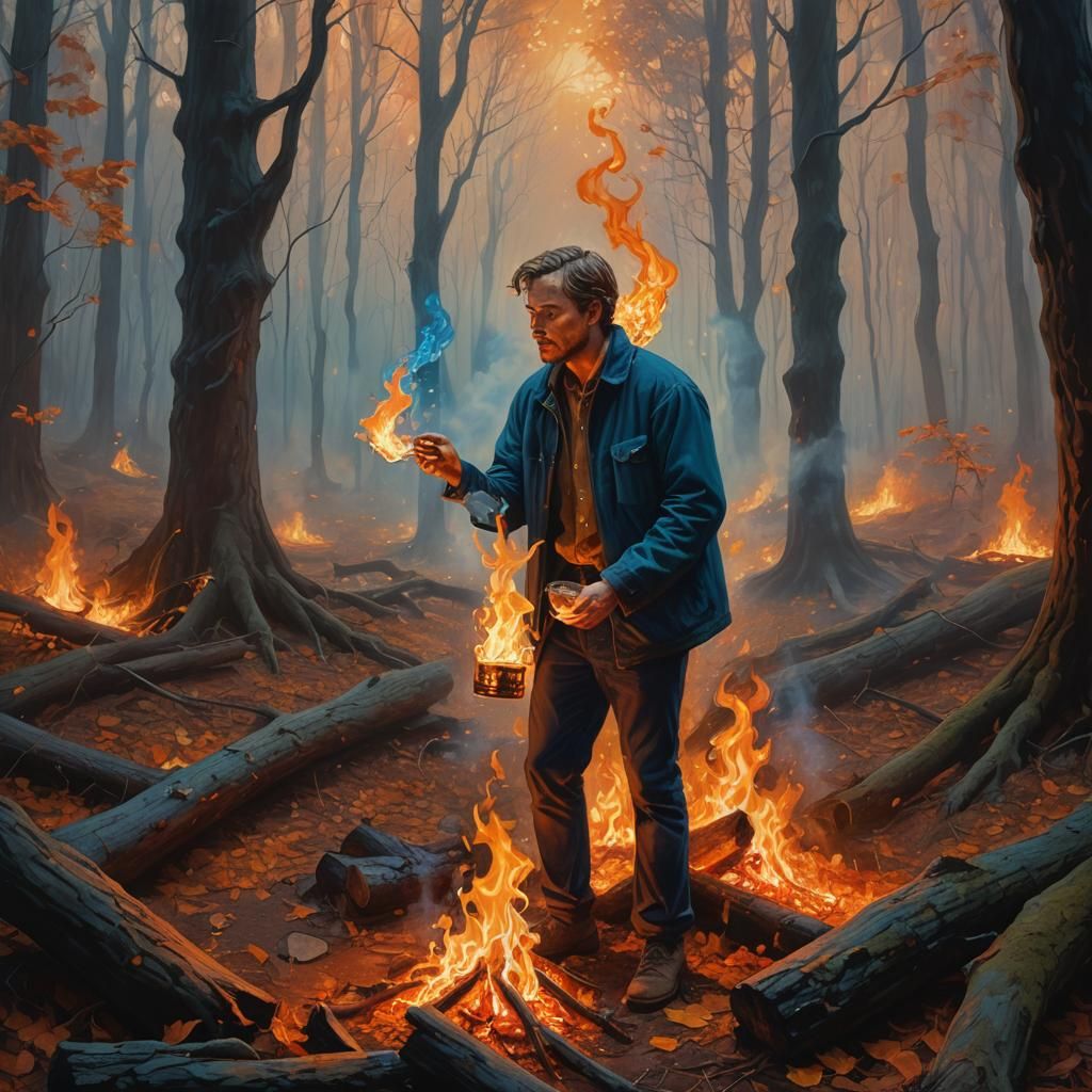 Mystical Man Drinking Fire in Oil Painting Style