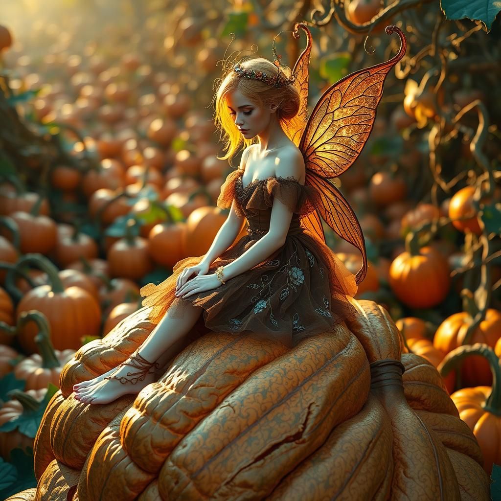 Ethereal Pumpkin Fairy in Enchanted Landscape